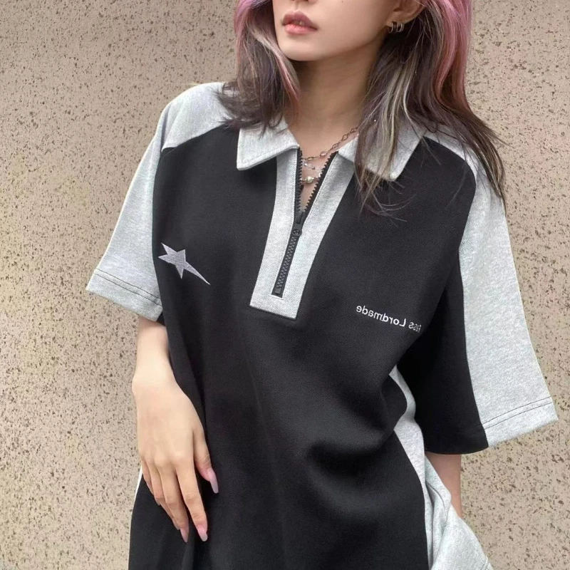 Fashion Cotton Polo Shirt Casual Short Sleeve T-shirt Women Men Embroidery Zipper Loose Preppy Couple Clothes Harajuku Tops Tees