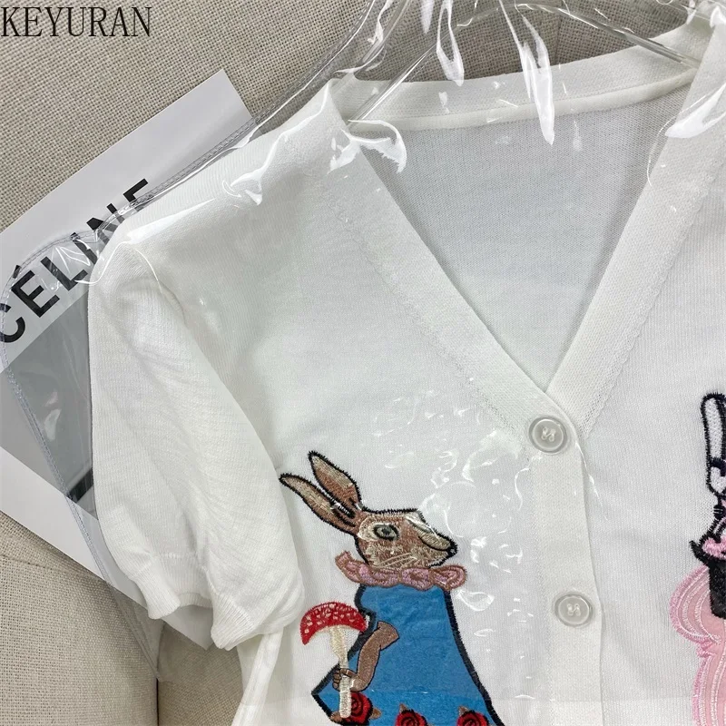 2024 Summer New V-neck Cartoon Rabbit Embroidery Knit Cardigan Woman Sweaters White Fashion Short-sleeved Knitwear Top Women