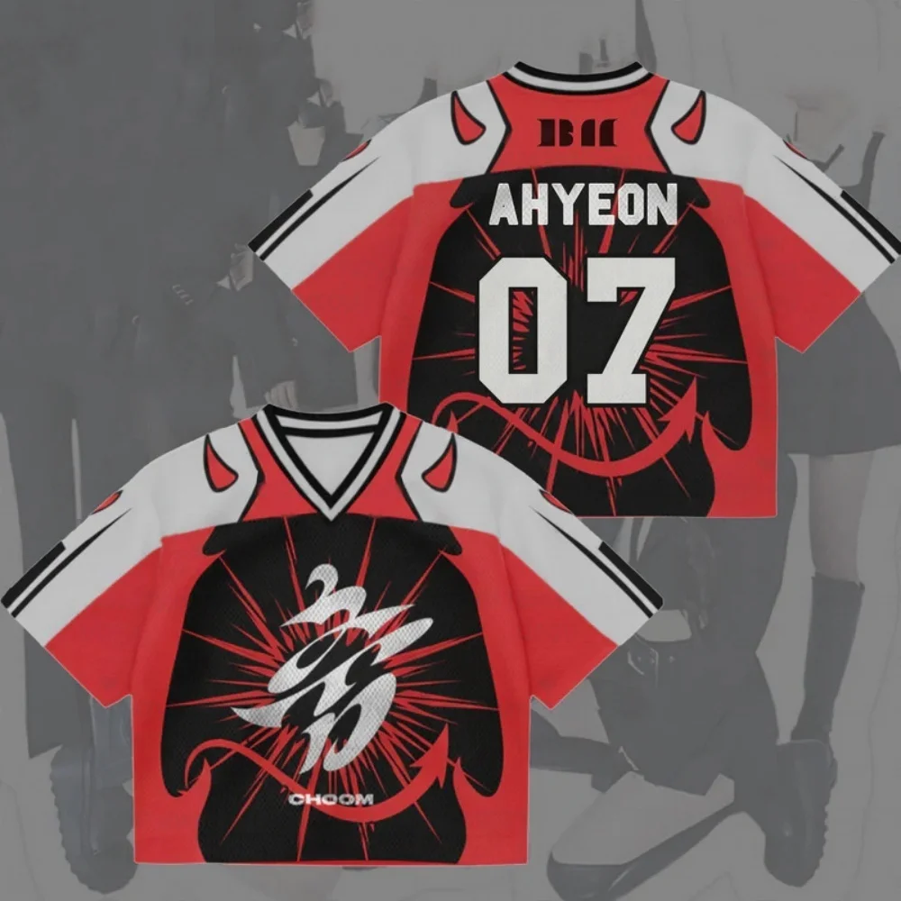 Neues Familien-Matching Kpop Ahyeon 07 Teufelshorn Kontrastfarbenes Fußballtrikot Eltern-Kind Mesh Streetwear Casual Fan T-Shirt – Detail 10
