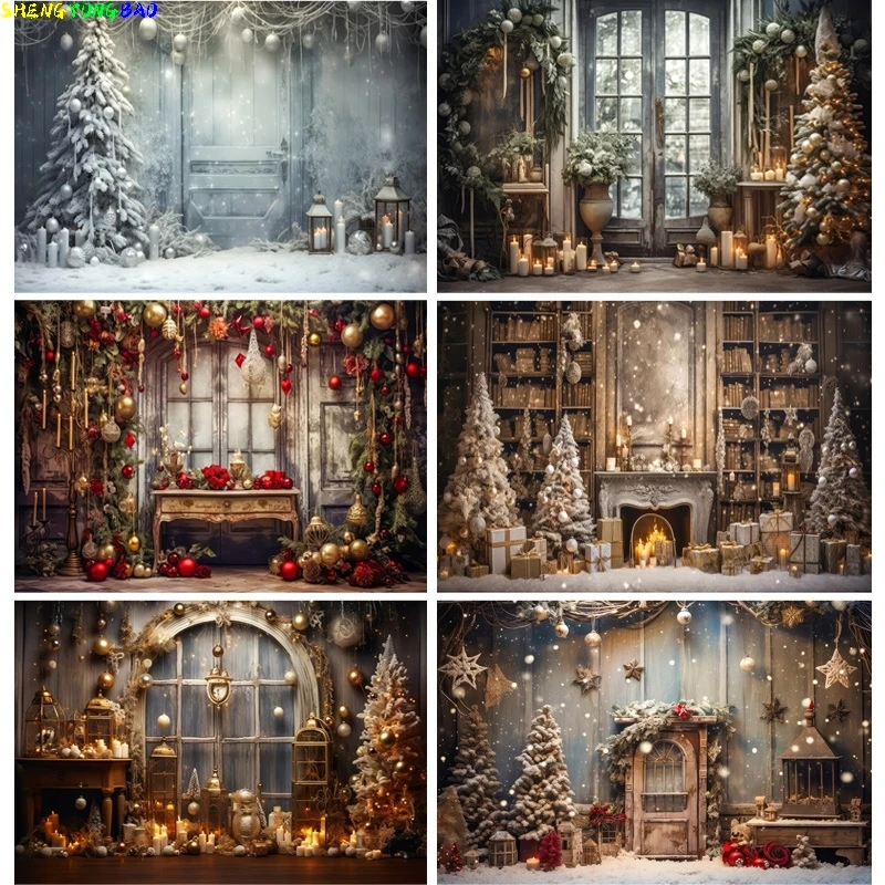 

Christmas Tree With Gift Boxes Photography Backdrops Winter Snow Decorations Wooden Door Fireplace Room Background Props WR-17