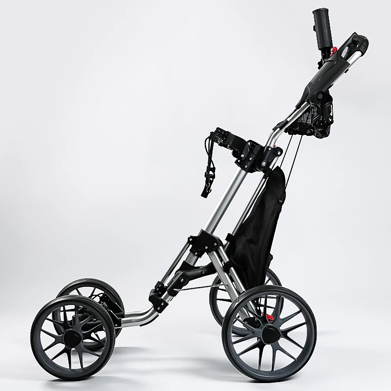 Golf Push Cart Pull Cart Aluminium Foldable 4 Wheel Golf Trolley with Umbrella Holder