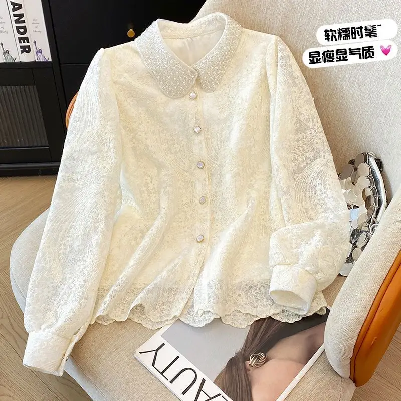 

Spring And Autumn New Style Nail Bead Collar Lace Long Sleeve Shirt Women's Fashion Loose Top