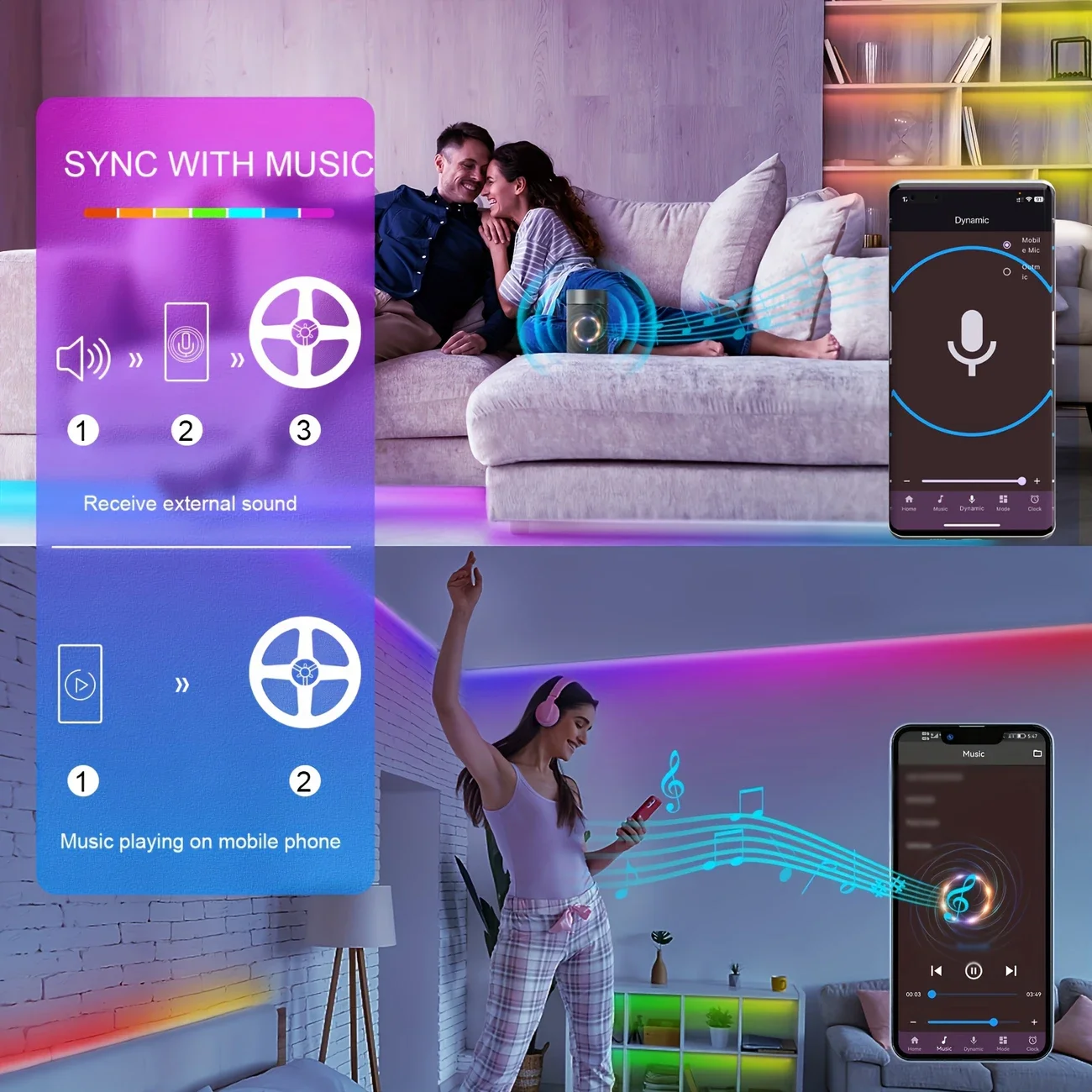 شريط أضواء LED ذكي 98FT-16ft لغرفة النوم، مزامنة الموسيقى وتغيير اللون، أضواء LED RGB مع التطبيق وجهاز التحكم عن بعد