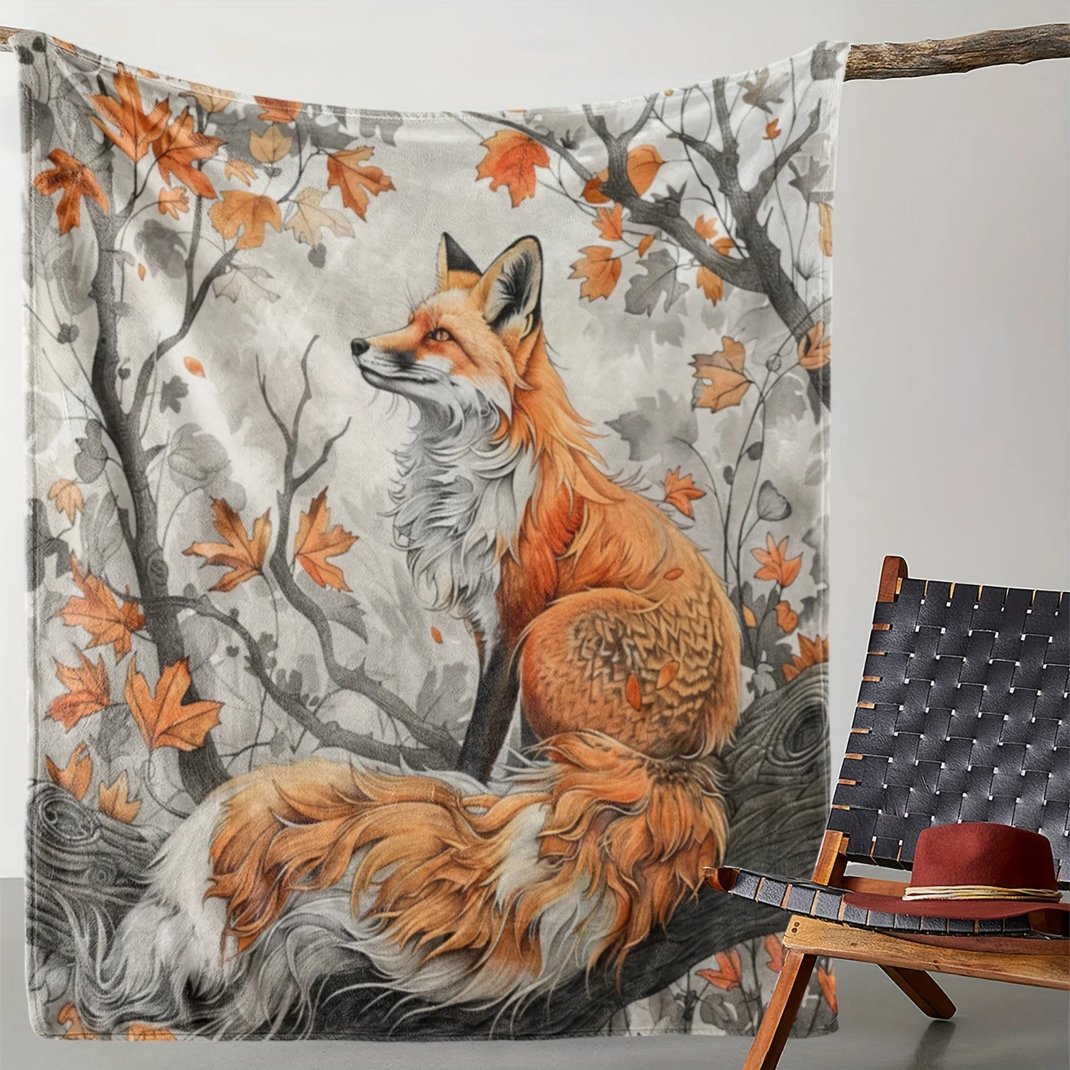 Vintage Flannel Fleece Throw Blanket with Fox and Maple Leaves Print Comfort, Soft Cozy Warm Decorative Blanket for Sofa, Bed
