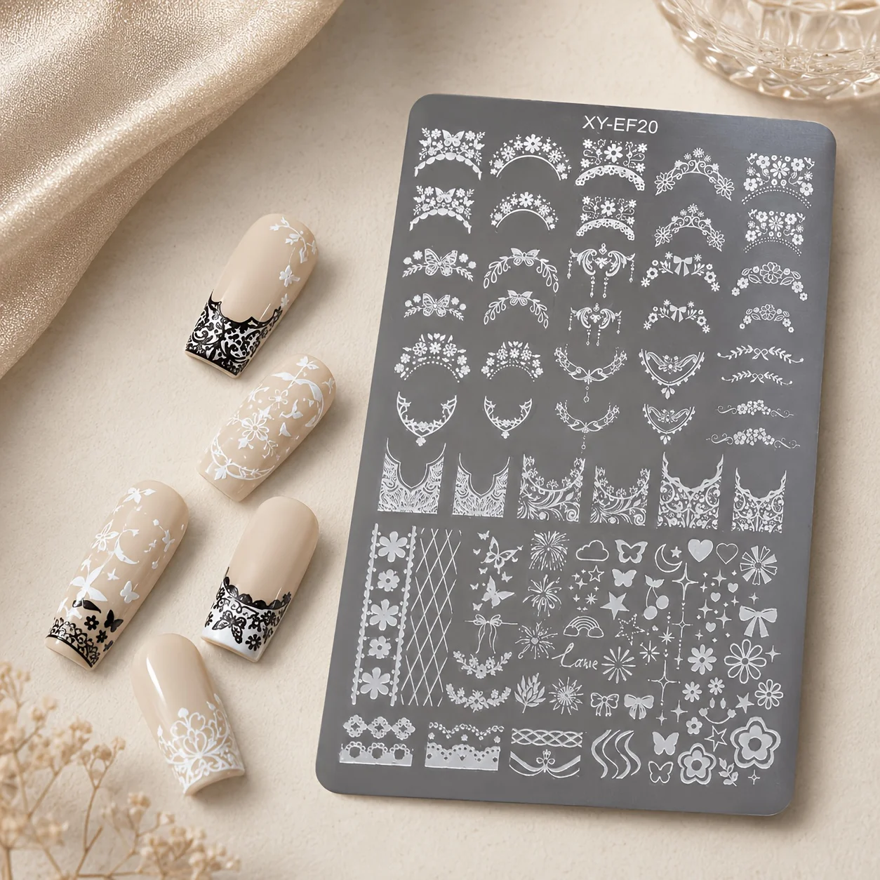 1 Piece Lace Flower French Manicure Stamping Plate Stainless Steel Bowknot Butterfly Floral Nail Art Template Elegant Border Transfer Plate Suitable for DIY Gel Nail Decoration