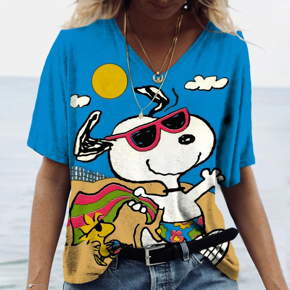 Women V-Neck T-Shirts Snoopy cartoon Casual Summer Pullover Loose Short Sleeves Oversized Tee Shirt Female Fashion Clothing