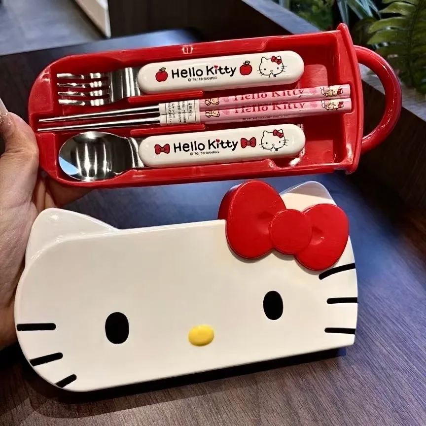 

4pcs/set Anime Hello Kitty Melody Cute Cartoon Tableware Ins Home Student Personalized Stainless Steel Tablewares Accessory Gift