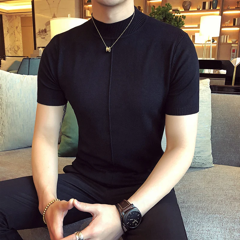 Autumn Winter Sweater Men Fashion Plain Color Short Sleeve Men's Casual Sweaters Slim Fit Half High Collar Knitted Pull Homme