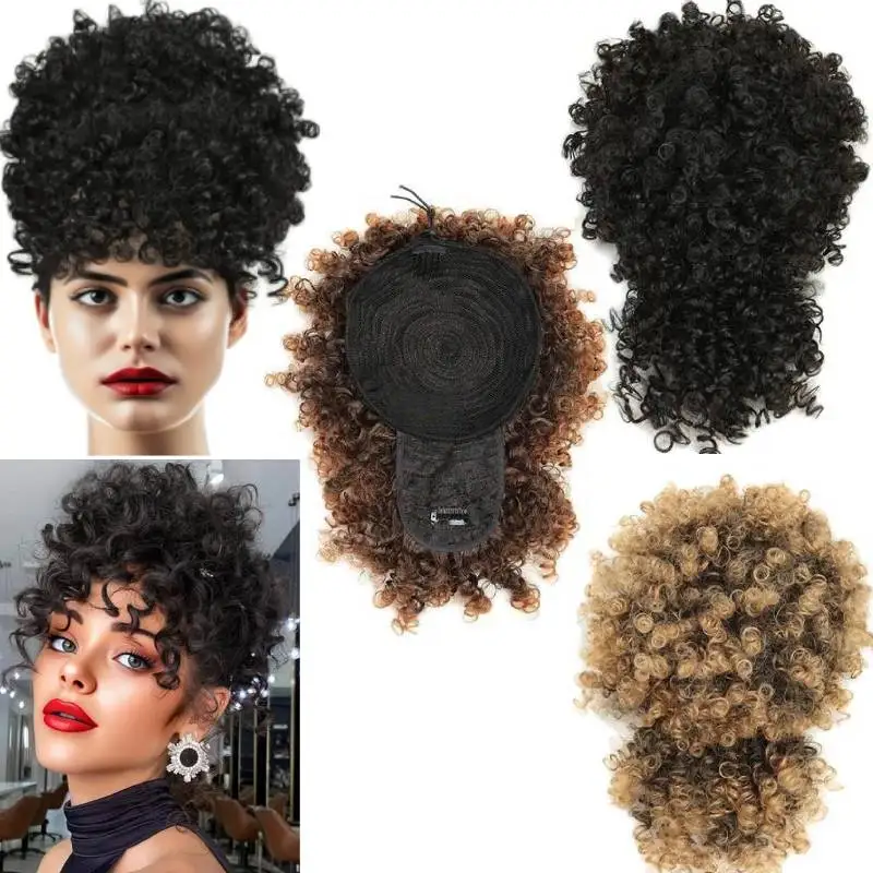Rede de cabelo para coque com franja, rede de cabelo afro puff, peruca de rabo de cavalo, coque com cordão, rede de rabo de cavalo, donut, coque