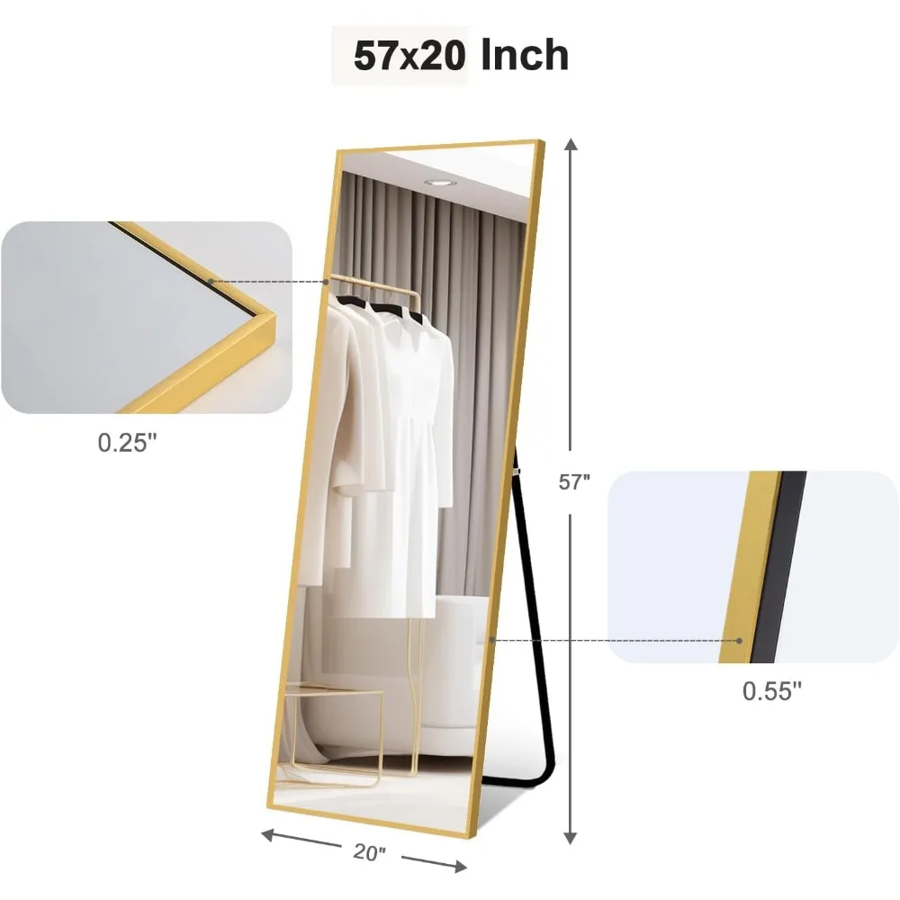 57"x20", Free Standing Wall Mirror Leaning or Hanging Mounted, Thin Aluminum Alloy Frame, Full Body Mirror