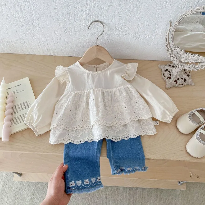 Spring Autumn Baby Girls Solid Color Blouses Floral Embroidery Kids O-Neck Long Sleeve Shirt Tops