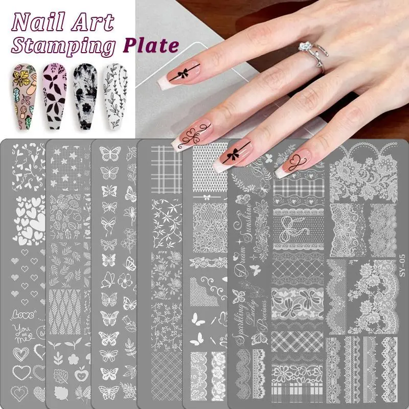 1 Sheet Etched Nail Art Stencil High-Precision Bow Flower Lace Checkered Nail Decal Sheets For Reusable Manicure Transfer Tool.