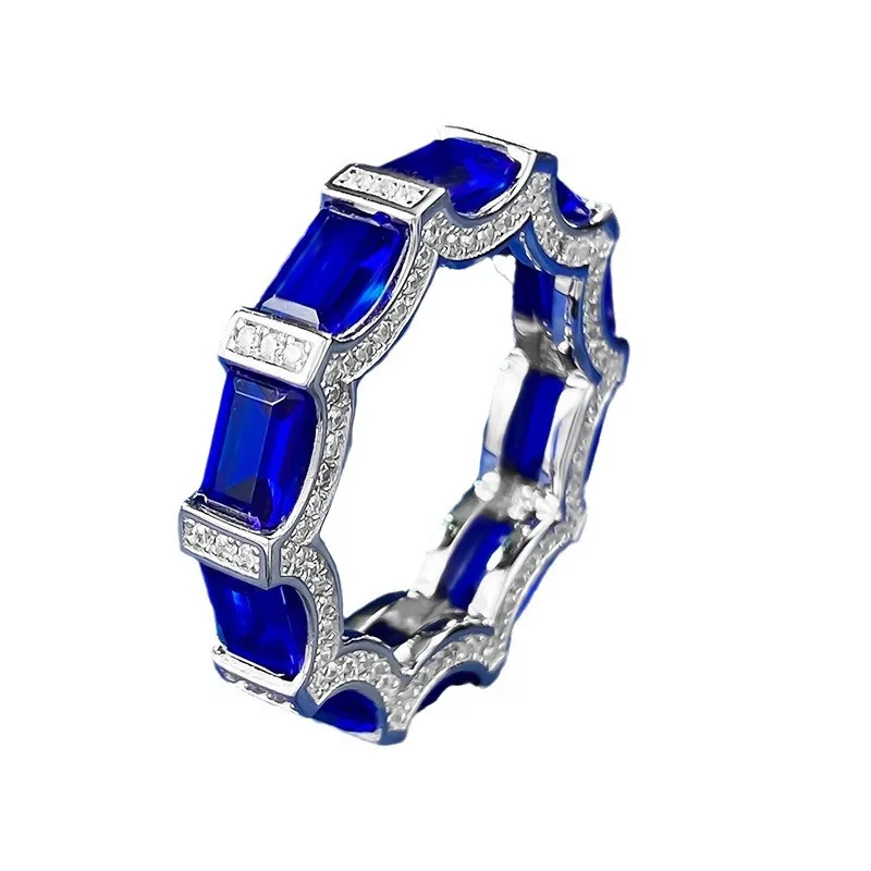 

European and American cross-border S925 silver row diamond ring simulation royal blue row ring luxury and luxury sense