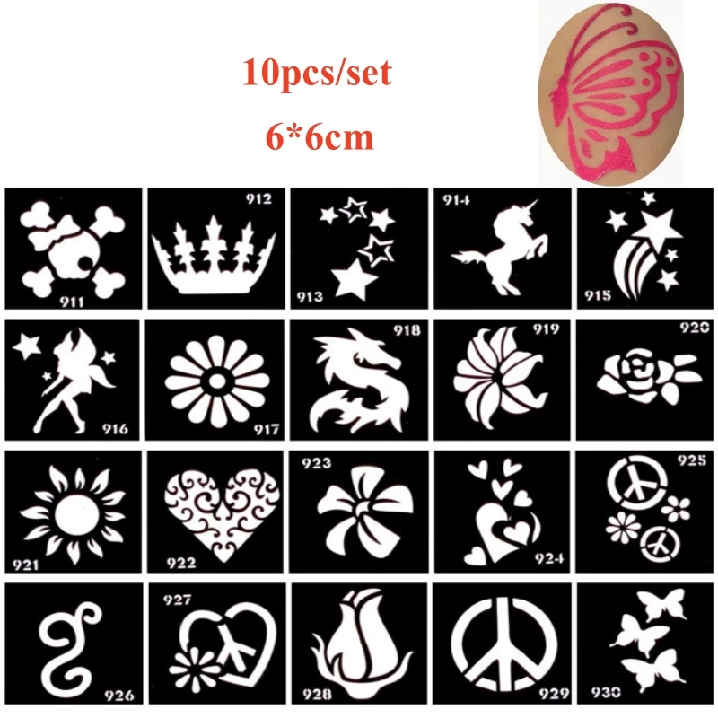 10pcs/set Temporary Tattoos Stencils for Kids Glitter Henna Airbrush Tattoo Template Face Body Paint Flowers Dragon Party Favors