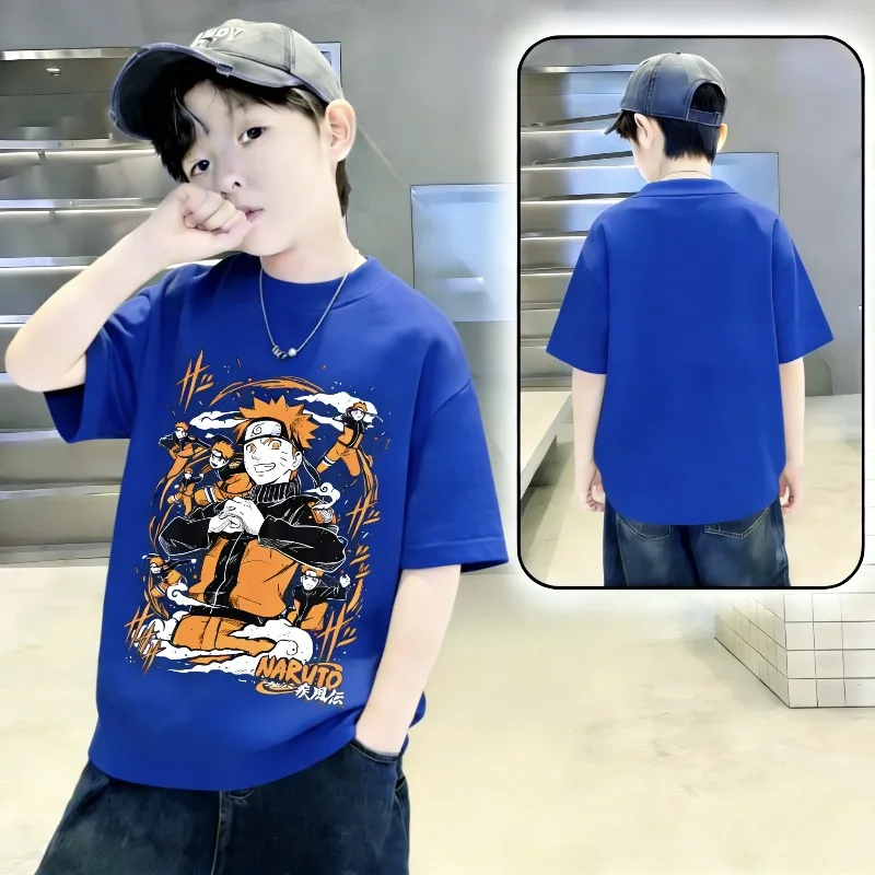 Naruto Cartoon Thin Printed T-shirt for Children Short Sleeved Round Neck Loose Cotton Casual Trend Parent-child Top