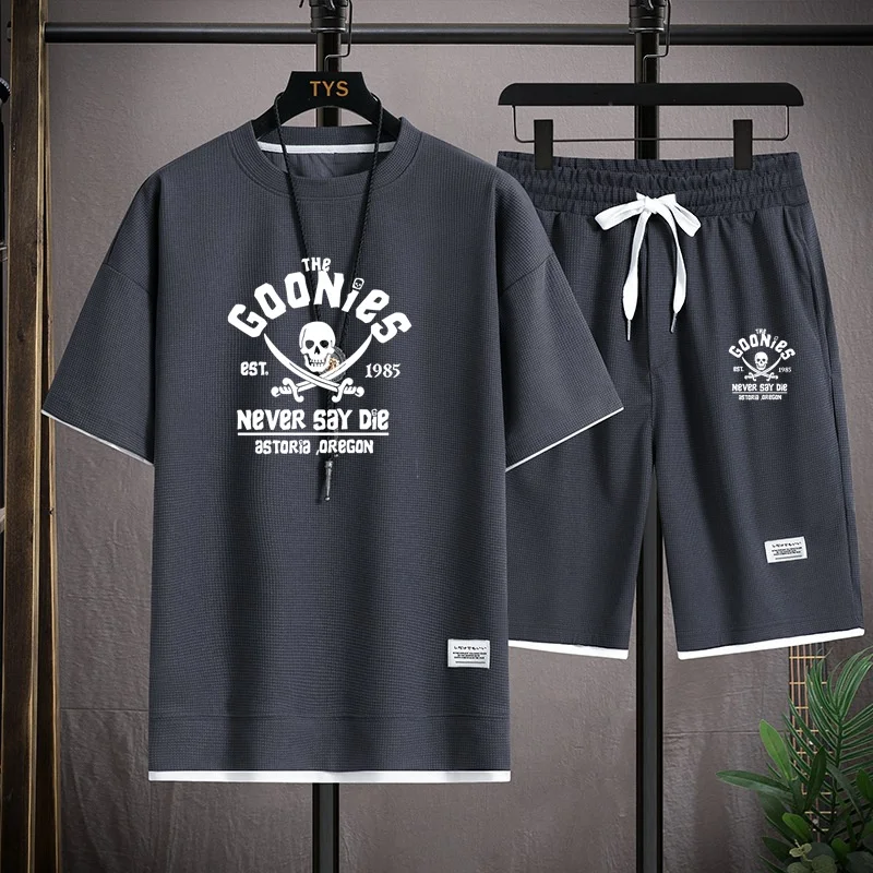 The Goonies Est 1985 Never Say Die Men's Set Fashion Korean Edition Sportswear Men's Short sleeved T-shirt+Sports Shorts Set Men