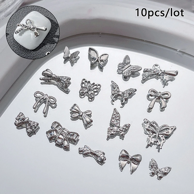10Pcs Silver Color Butterfly Nail Art Decorations Bling Crystal Zircon Bow Nail Decoration 3D Metal Manicure Accessories