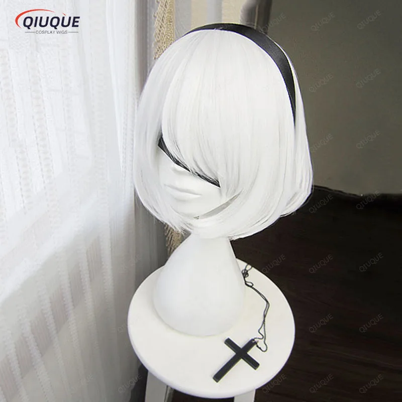 Nier: automata 2b yorha não. 2 tipo b heroína curto branco bobo resistente ao calor cosplay traje peruca + fita preta livre