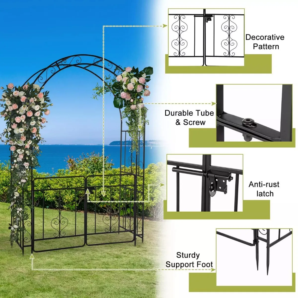 Metal garden Arch with door tree stand Elegant wedding climbing plant stand 7 feet