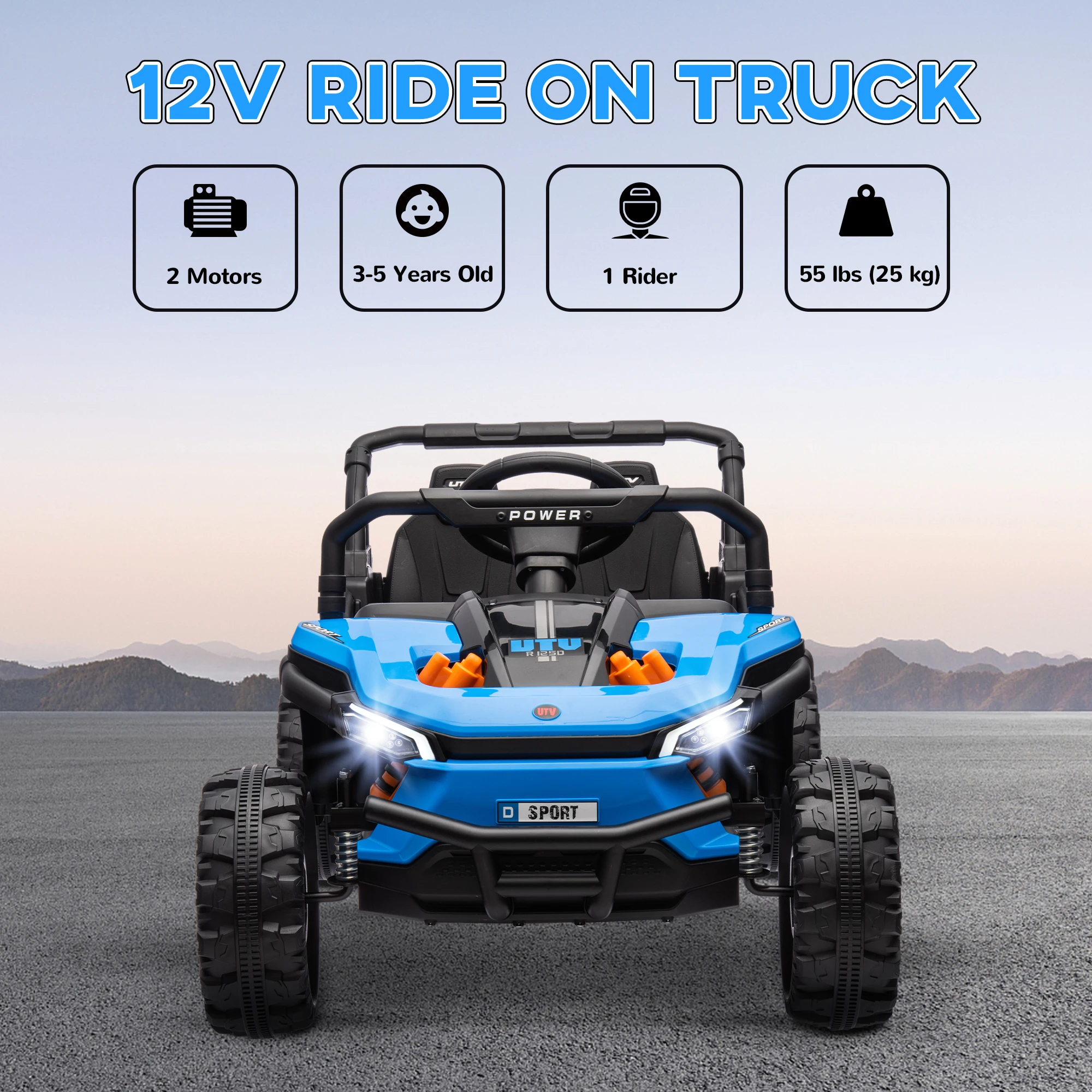 12V Ride on Truck Utv Toy with 4-Wheel Suspension, Remote Control, Blue