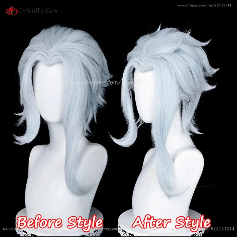Fatui Doctor II Dottore Cosplay 30cm Homem Curto Luz Azul Resistente ao Calor Cabelo Sintético Halloween Anime Perucas + Peruca Cap