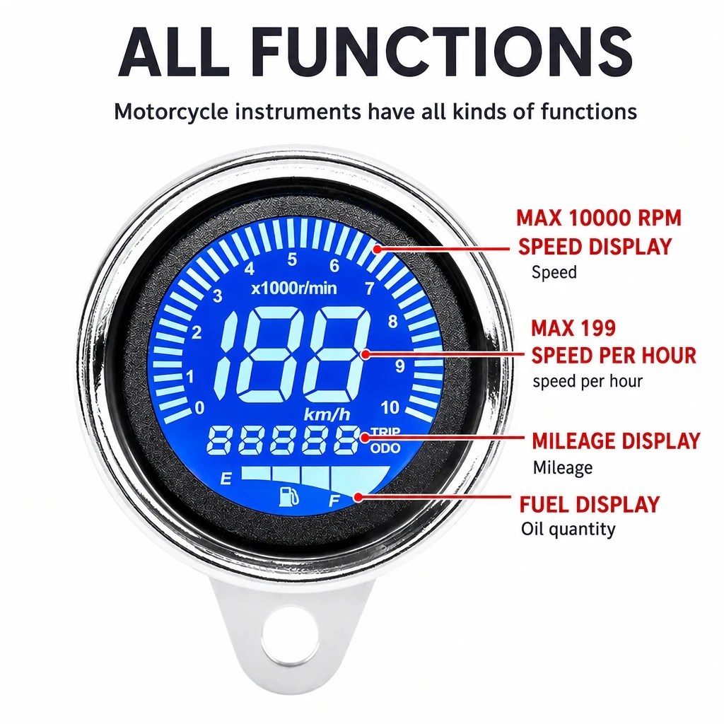 12V Motorcycle Retro Speedometer 7 Color Backlight Digital Odometer Tachometer Fuel Gauge Universal Modified Instrument