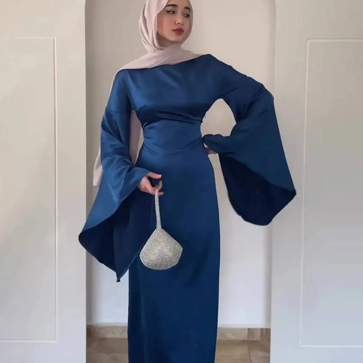

2026 Spring New Collection Waist Slimming Satin Flared Sleeves Solid Color Temperament Dress for Women Islam Elegant