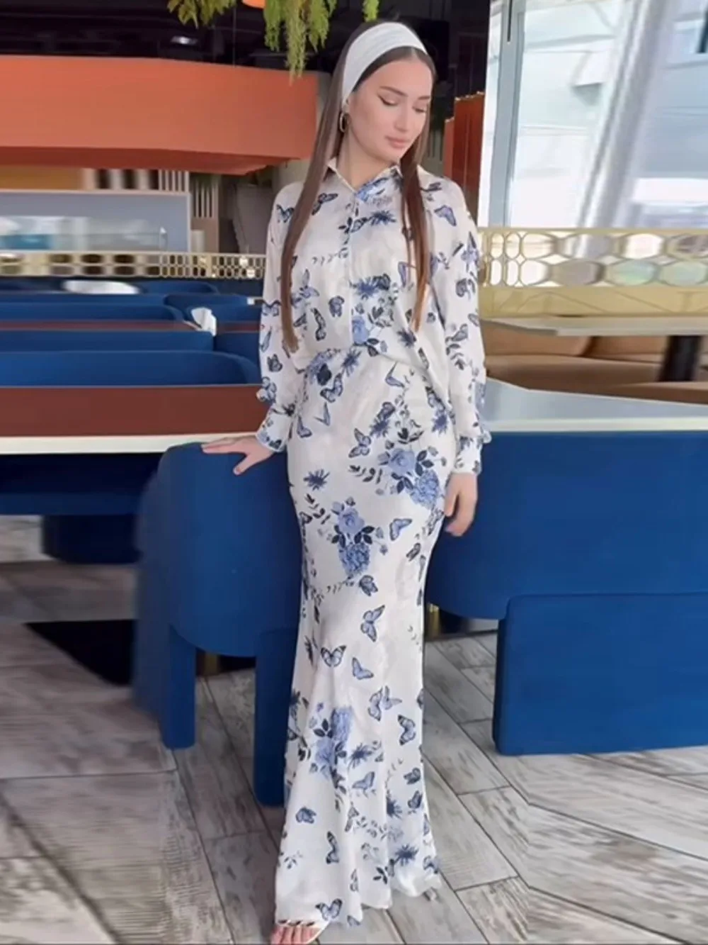 Eid Donna Stampa Camicia Gonna Musulmano 2 Pezzi Set Abiti Largos Partito Caftano Jalabiya Ramadan Dubai Caftano Arabo Abito Lungo 2025