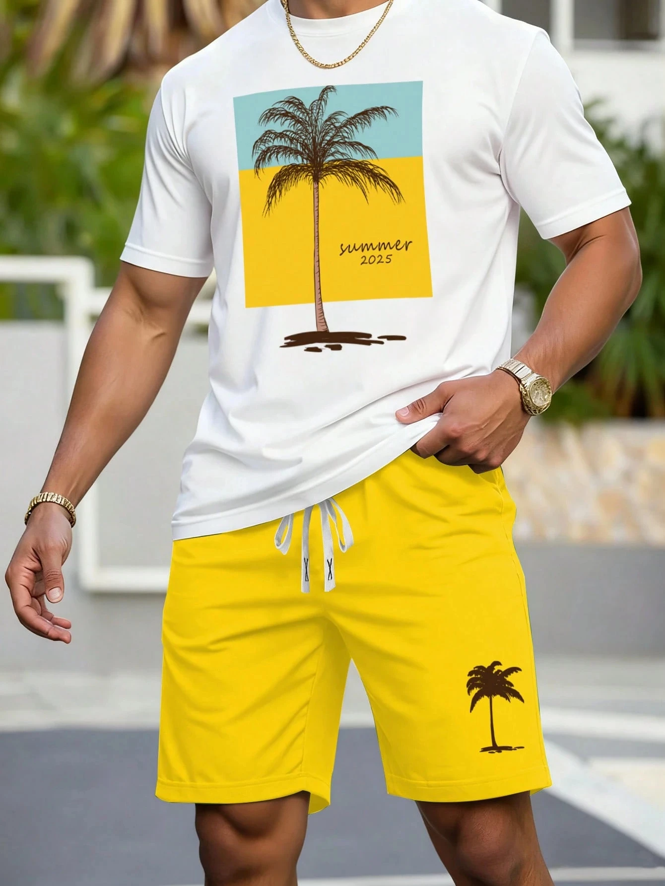 

Мужской комплект из двух предметов с принтом кокосовой пальмы, весна-лето, повседневная футболка с круглым вырезом и короткими рукавами, шорты, спортивный костюм, одежда с принтом