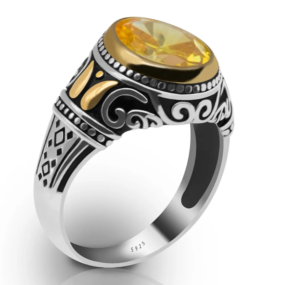 Turkish rings Men Vintage 925 Sterling Silver Classic Men Ring Yellow Cubic Zirconia Stone two Tone plated Silver Jewelry Gift f