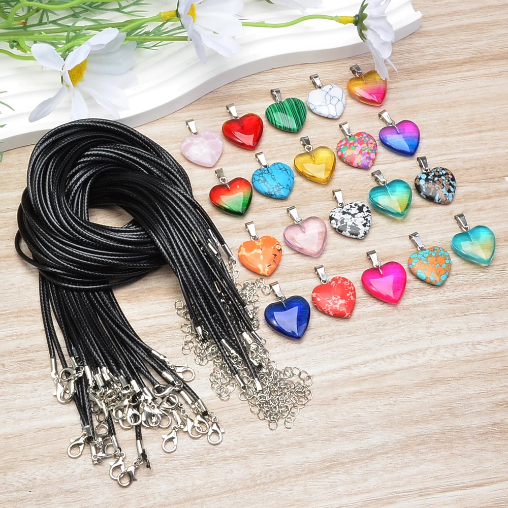 20pcs Random Fashion Heart Pendants, Mixed Color Chakra Heart Natural Stone Crystal Multicolor Pendant Necklace