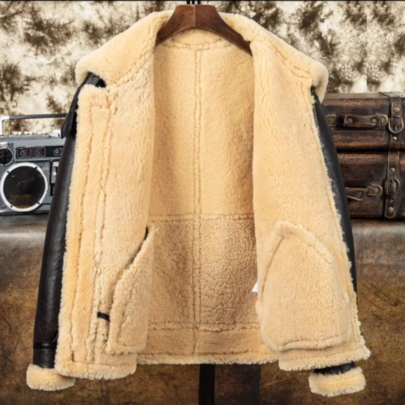 Dark Brown Winter Shearling Jacket Men Military Style Plus Size 5XL Natural Thick Sheepskin Warm B3 Bomber Genuine Leather Coat