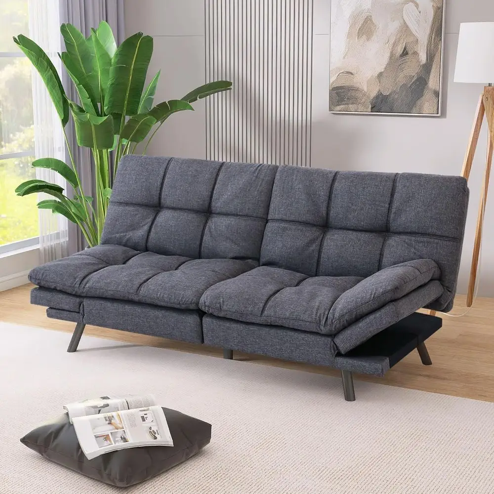 

71 Inch Convertible Sofa Bed with Linen Fabric, Memory Foam Sleeper, Vintage Small Loveseat for Living Room, Office, Retro Grey