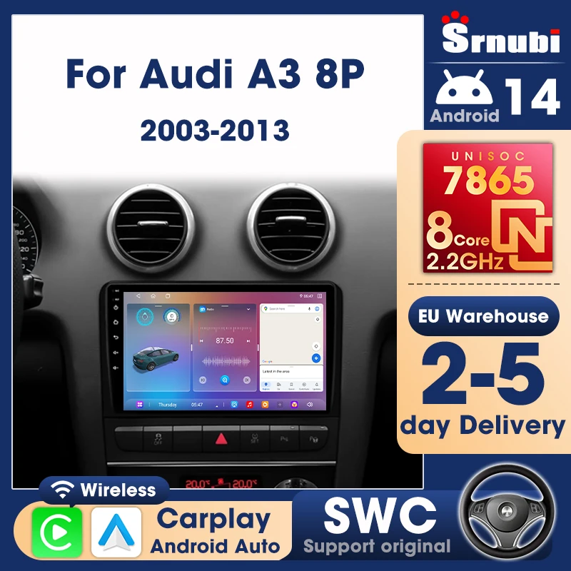 Autoradio Srnubi 2 Din Carplay pour Audi A3 8P 2003 - 2013, lecteur multimédia Android Auto, système intelligent automobile, unité principale
