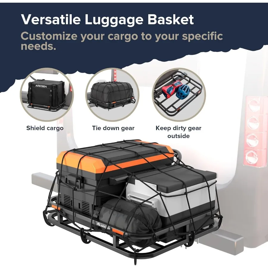 32 x 26 x 4 Inch Heavy Duty Bumper Mounted Cargo Rack Carrier with Nylon Net 350 Lbs Capacity Luggage Basket Hitch for RV Campi