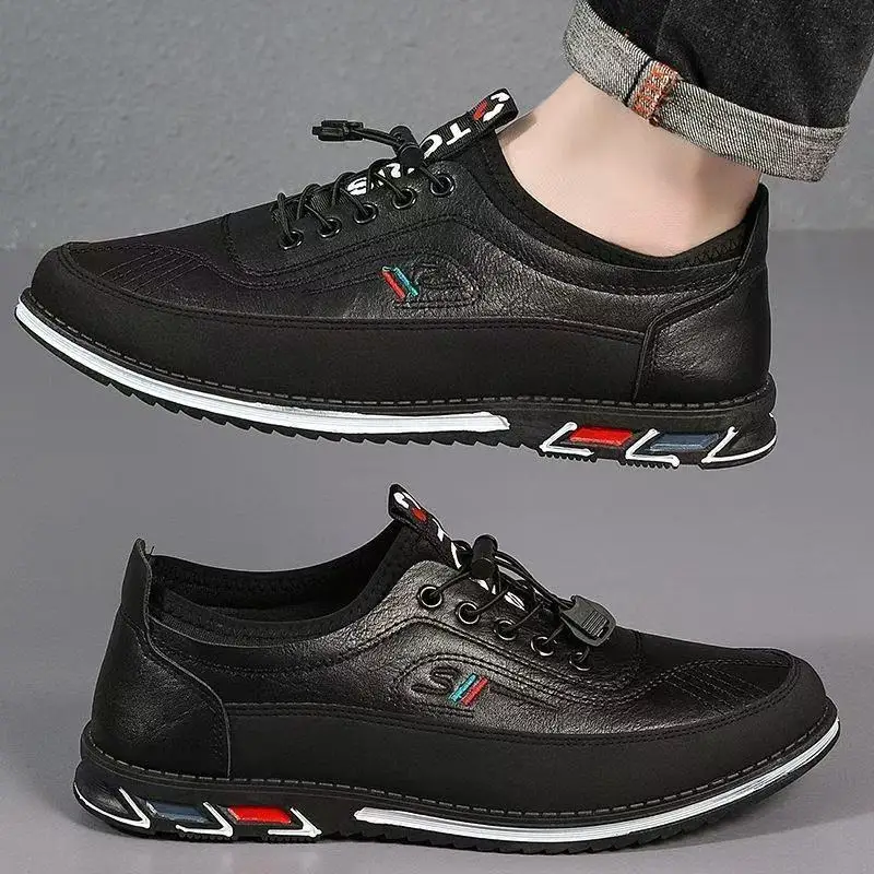 Spring Luxury Men's Casual Leather Shoes Elastic Band Business Flats Loafers for Men Soft Sole Peas Shoes Soft Men's Sneakers