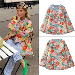 TRAFZA 2024 Women's Cotton Coat Fashion Floral Print Single Breasted Loose Jackets Woman Chic Chill Winter Warm Clothes Street