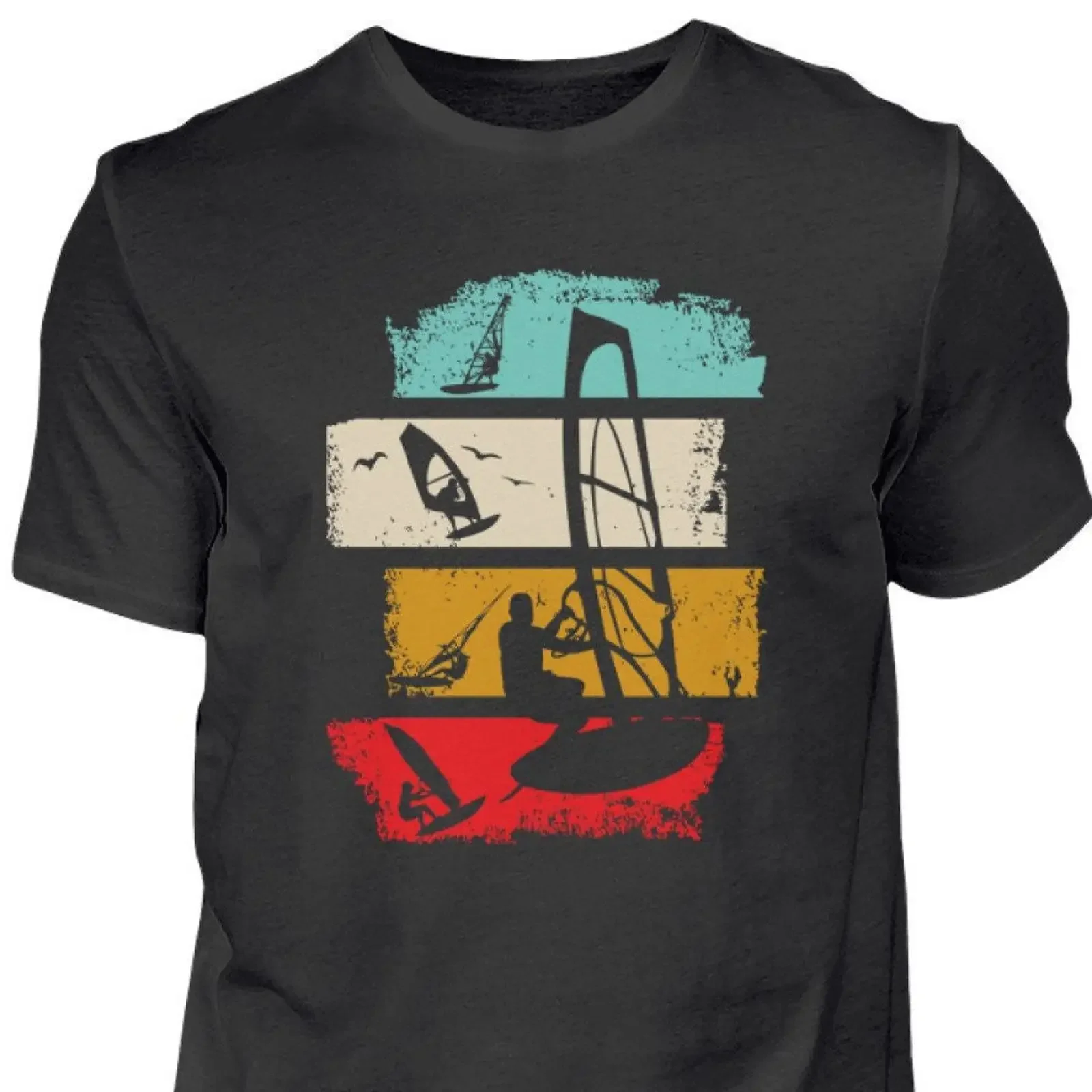 Vintage Windsurfing T Shirt Retro Stripes Silhouette Surfing vintage Washed designer clothes Versatile Comfortable graphic