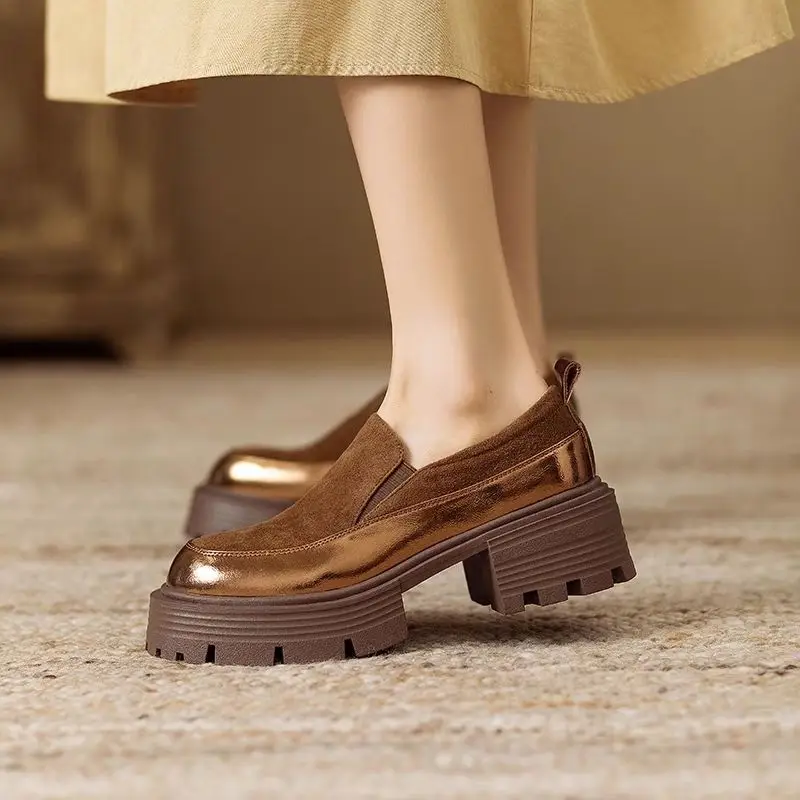 

2025 Spring Summer New Women's Loafers Thick Sole Chunky Heel Small Leather Shoes Casual All Match Hot Selling