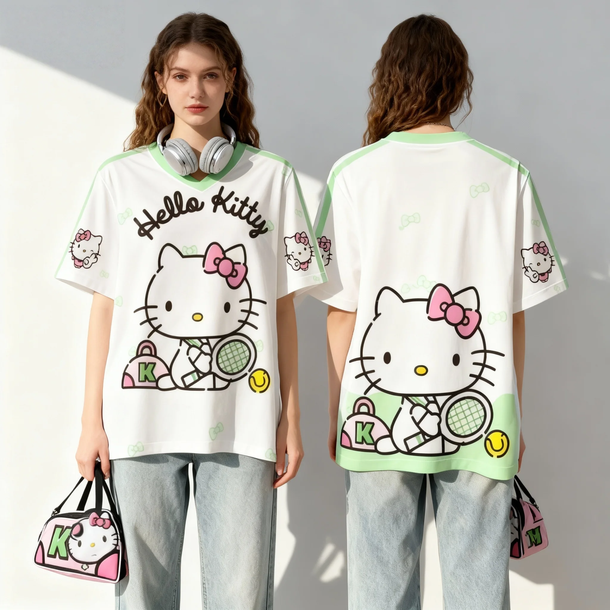 سانريو فاميلي هالو كيتي قميص كاجوال حلو ورائع للشارع الأمريكي تي شيرت صيفي كبير الحجم للسيدات البالغات طراز جديد #6