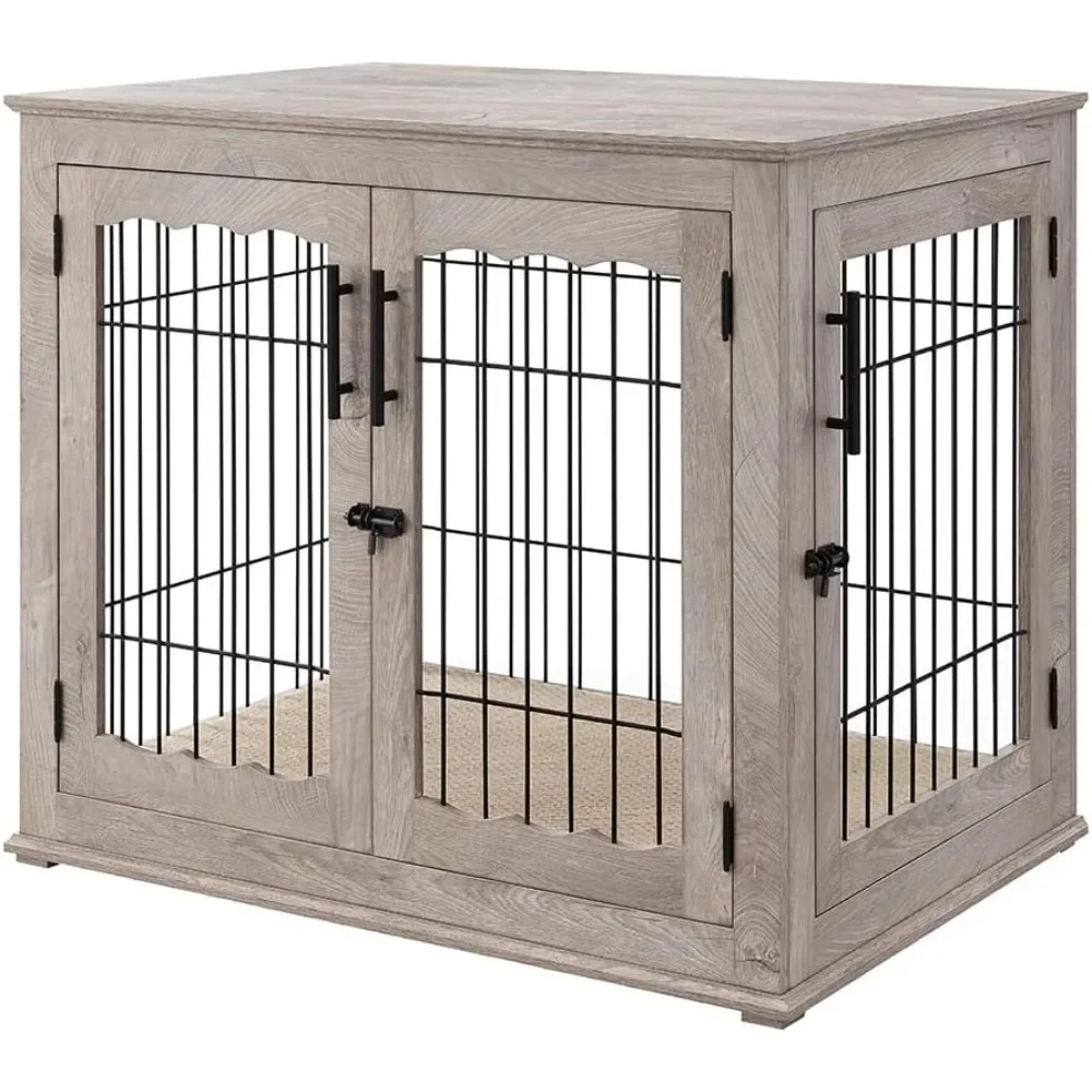 

Furniture Style Dog Crate End Table, Double Doors Wooden Wire Dog Kennel with Pet Bed, Decorative Pet Crate Dog House Indoor Me
