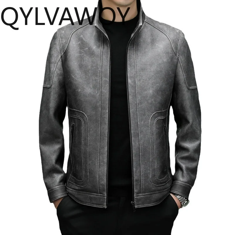 

QYLVAWOY Spring Autumn Real Sheepskin Leather Jacket Man Stand Collar Jackets for Man New Short Leather Coat Jackets Business
