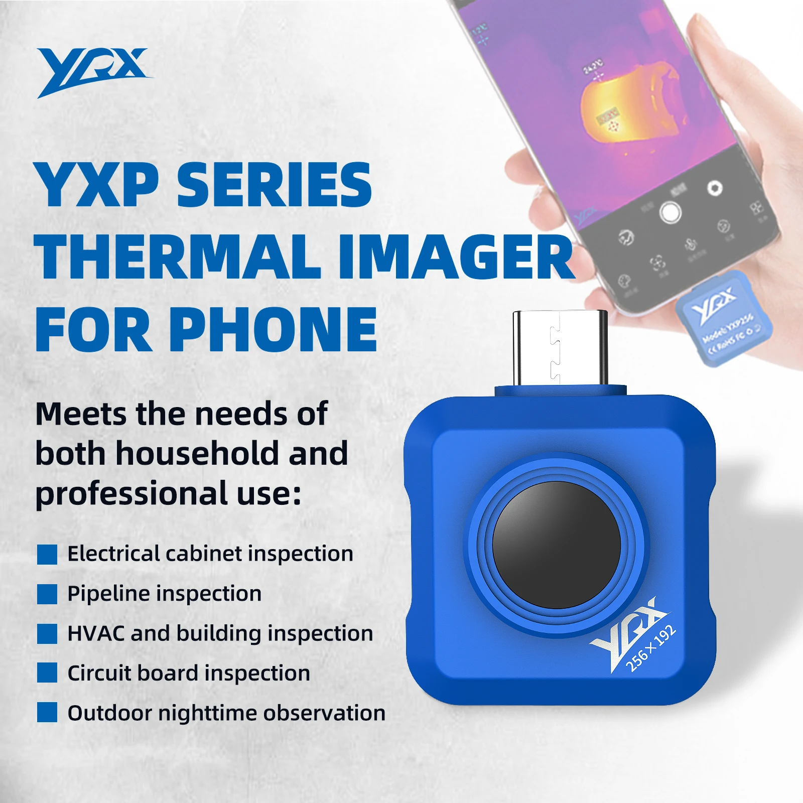 YRX YXP256 Wärmebildkamera für Mobiltelefone, 256×192 Infrarot-Auflösung, -20 ° C~550 ° C 15 Farbpaletten für Industrielle und Häusliche Inspektion