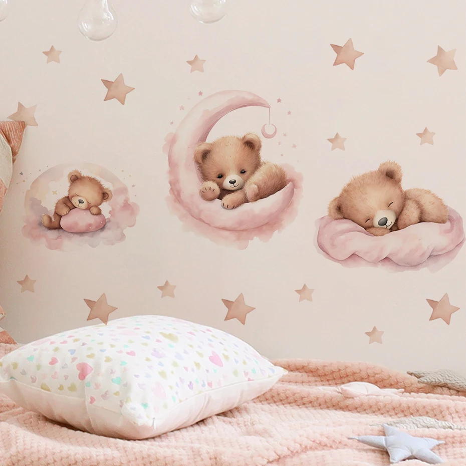 Pink Cartoon Teddy Bear Moon Wall Stickers for Kids Room Baby Nursery Decor Sticker Boy Girls Bedroom Baby Room Wall Decals