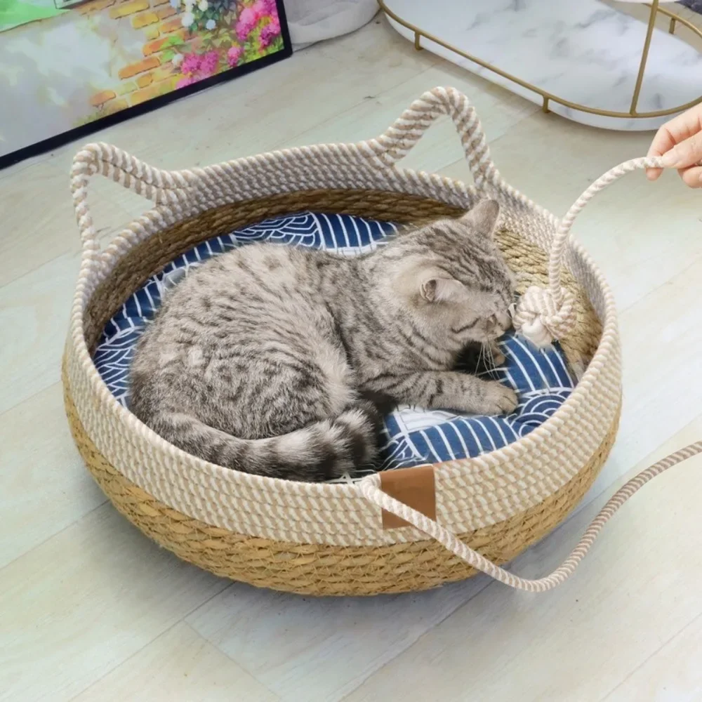 Vine Woven Cat Bed Pet Bed All-weather Comfortable Sleep Bed Circular Cat House Rattan Wear-resistant Washable Cat Pet Supplies