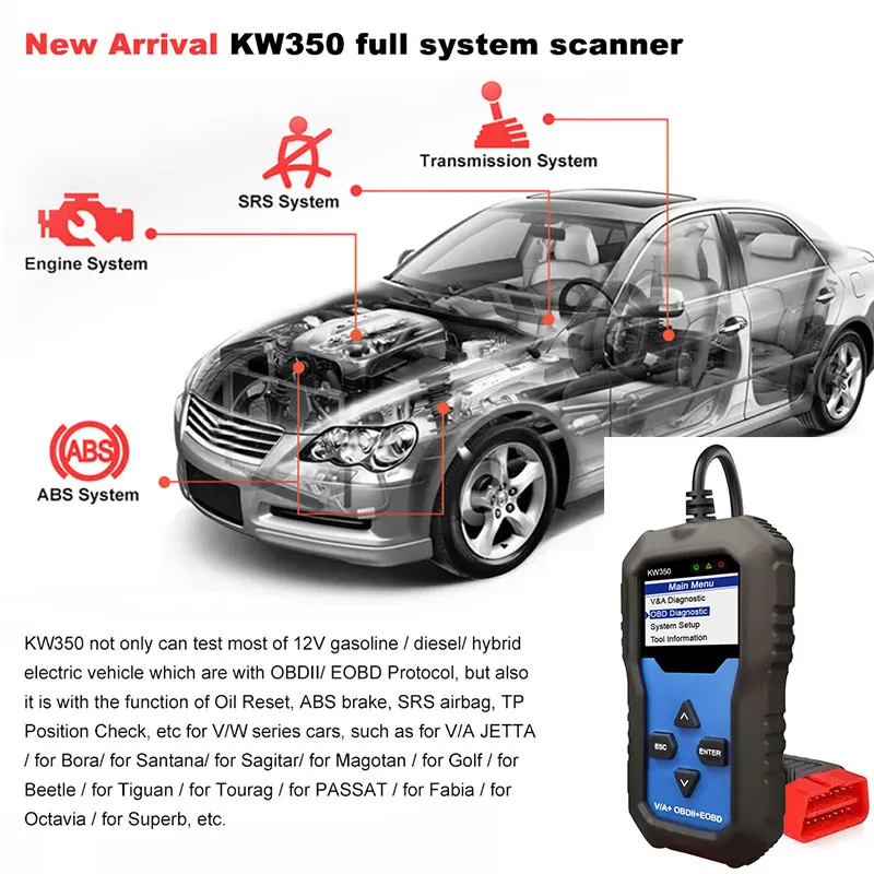 Best Quality KONNWEI KW350 OBD2 Car Code Reader Scanner For VAG Full System ABS Airbag Oil Light Reset EPB Auto Diagnostic Tool