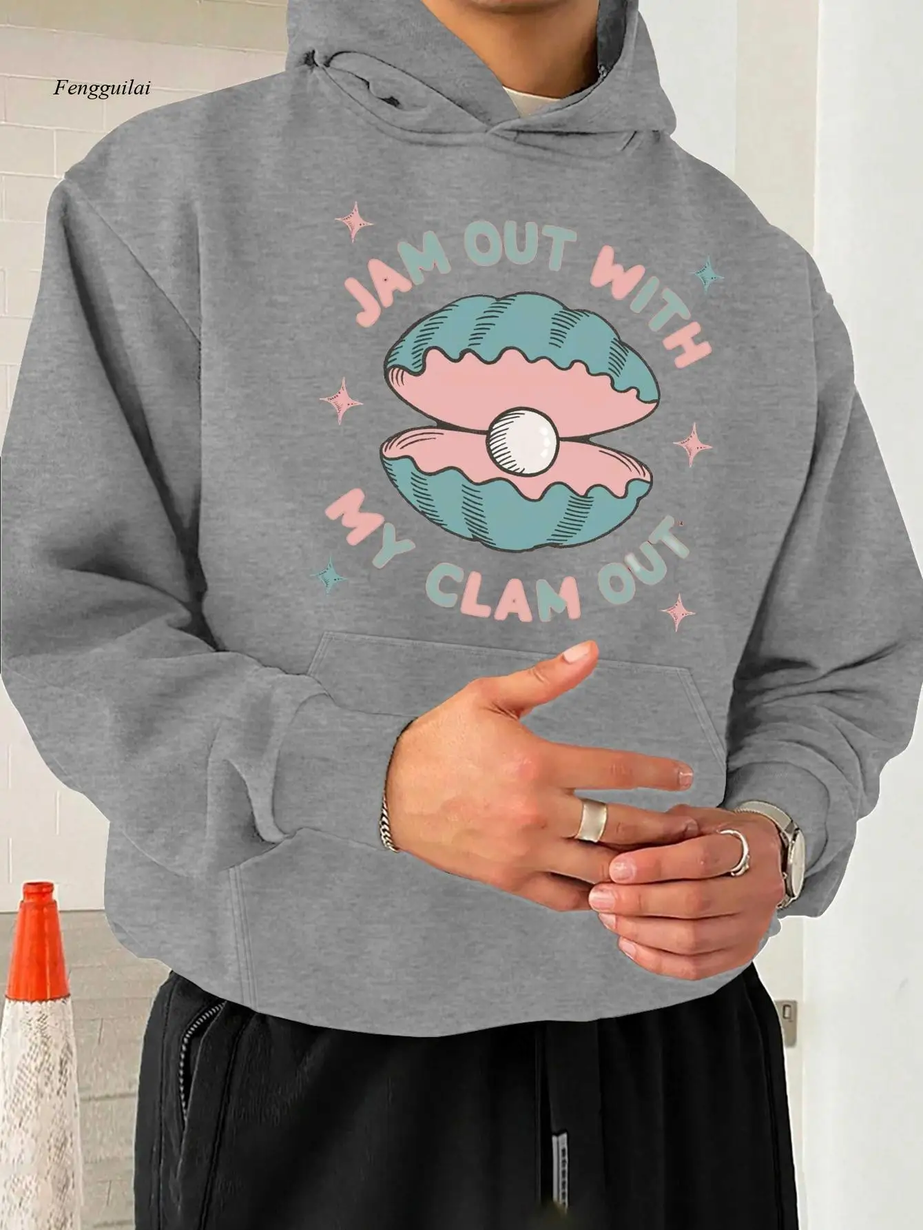 

Повседневная толстовка с рисунком «Jam Out with My Clam Out» — черная, свободная посадка, длинный рукав, неэластичная ткань