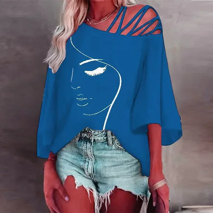 Women\'s Fashion Splicing Loose Slant Neck Face Printed T-shirt Casual Top 2024 Summer
