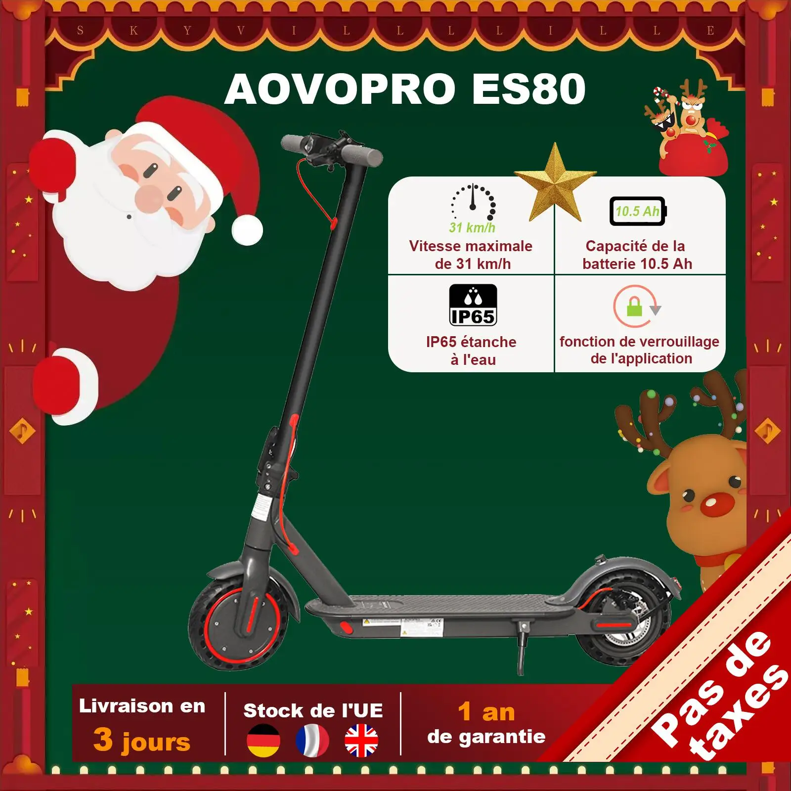 AOVO European 31km/h Electric Scooter Free VAT EScooter 8.5Inch 350W 10.5Ah Adult Foldable Electric Skateboards Scooter with App