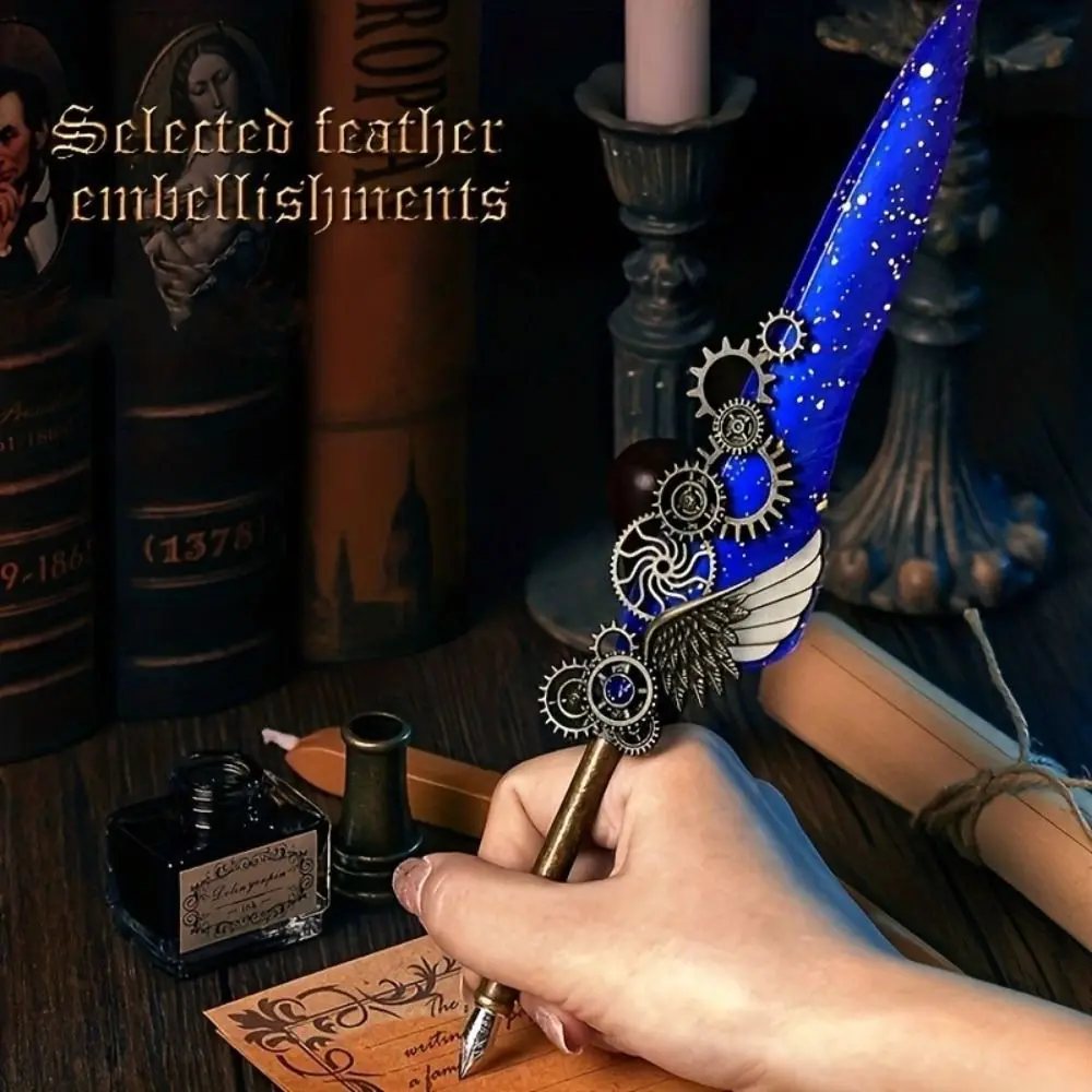 Retro Punk จุ่มปากกาน้ํายุโรปสไตล์ Vintage โลหะลายเซ็นปากกาเปลี่ยนได้ 5 Nib Feather ปากกา